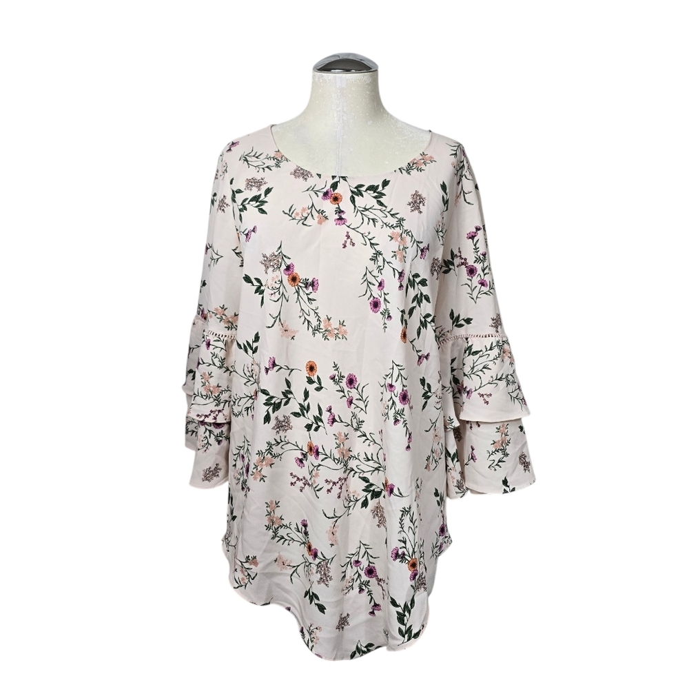 Alfani Light Pink Floral Bell Sleeves Asymmetrical Blouse M